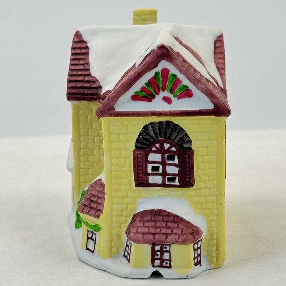 Vintage Lotus Ceramic Christmas Village Yellow House Figurine Snowy Accents 4" - Picture 2 of 9